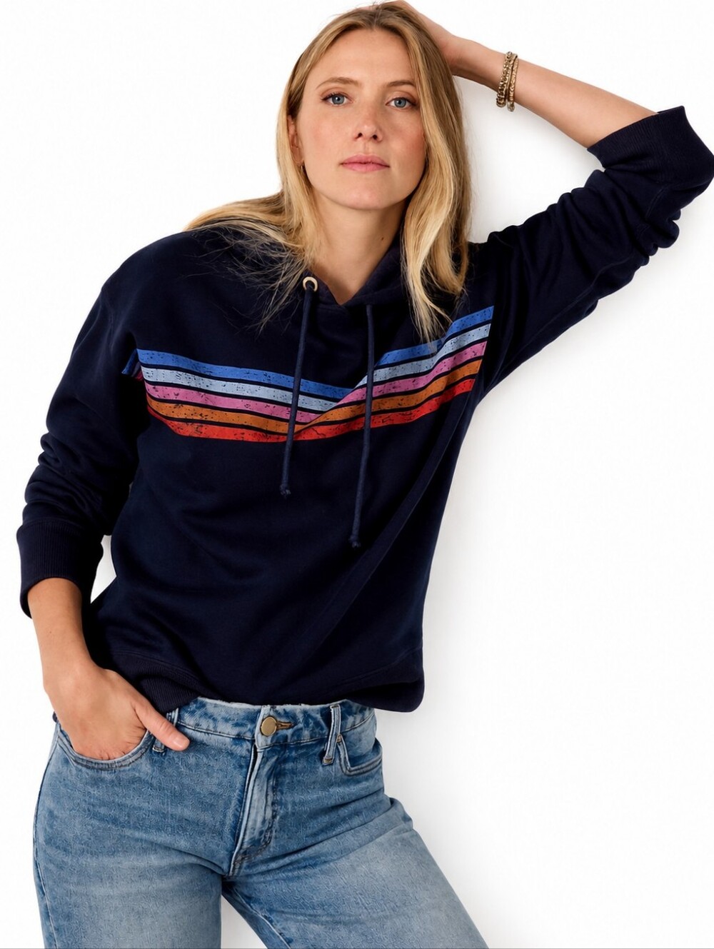 Evereve Jordyn Navy Hoodie with Multicolor Chest Stripes Size XL